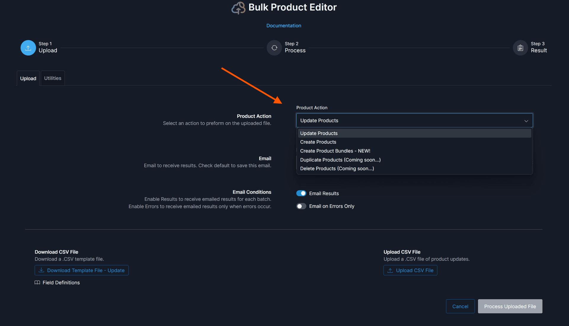 Select product action type