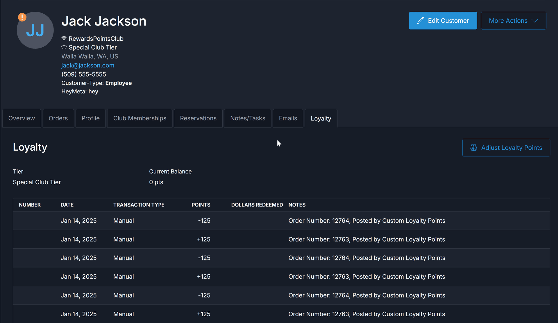 Loyalty points dashboard showing point transactions