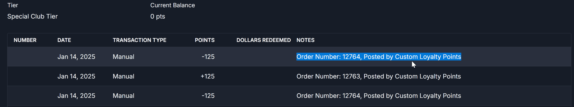 Detailed view of loyalty point transactions with order notes
