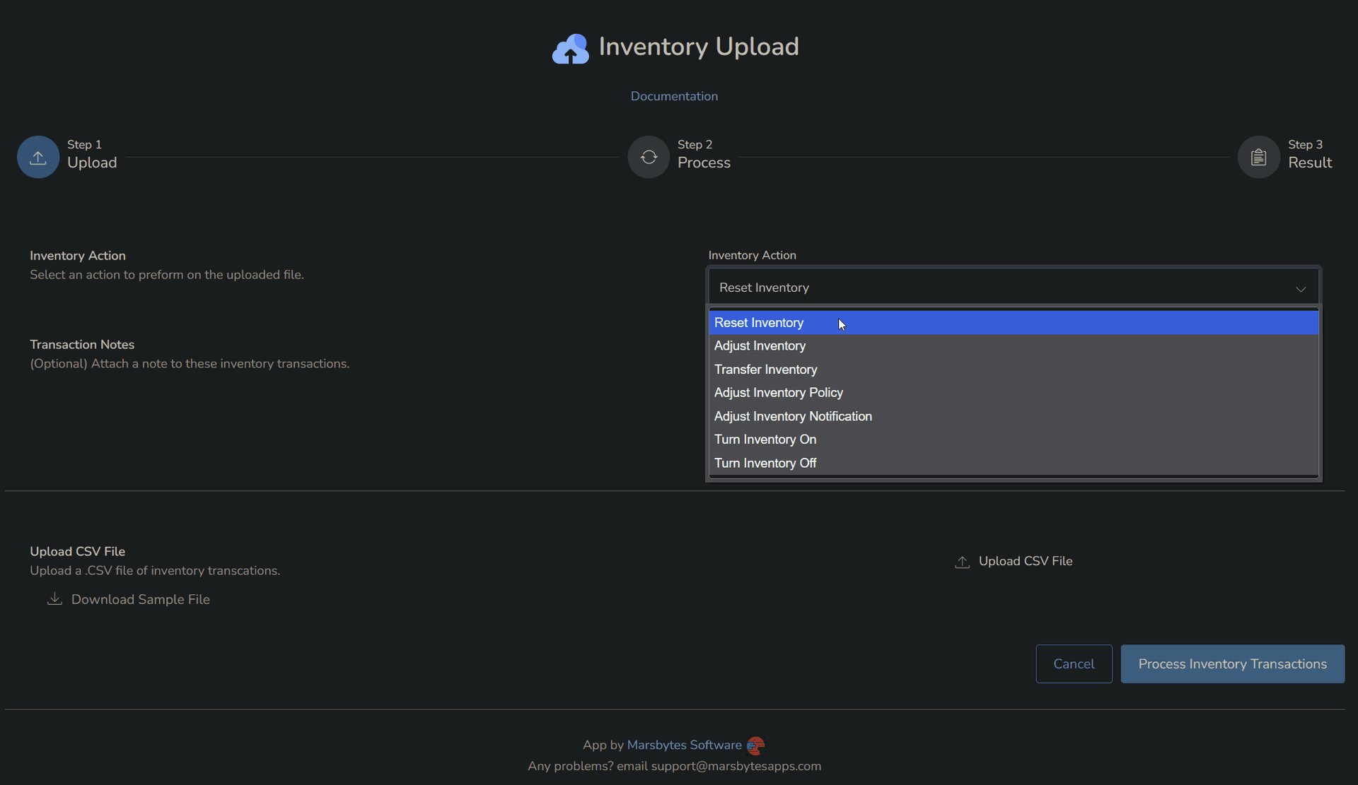 Select inventory action type