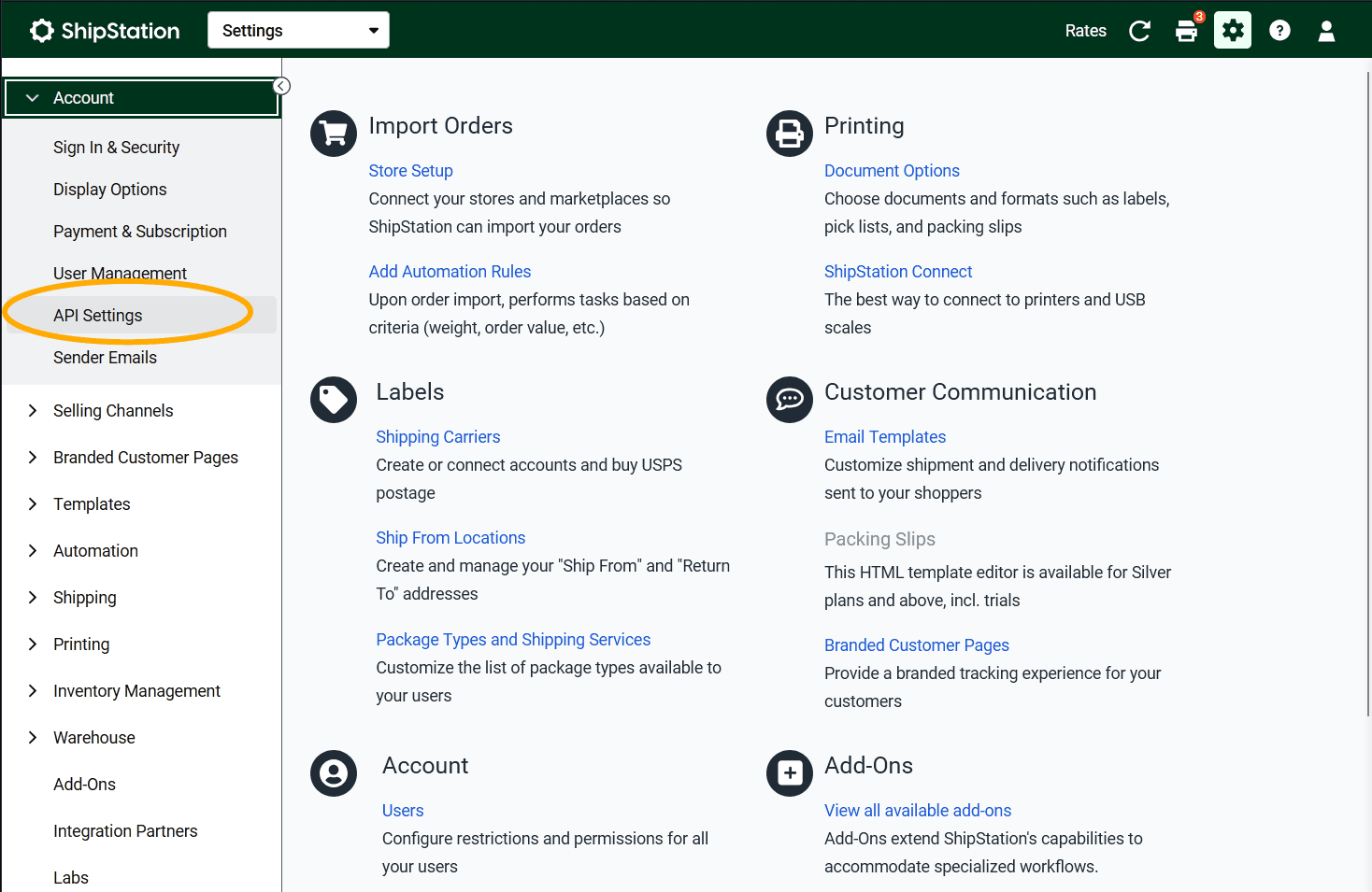 ShipStation Settings sidebar with API Settings highlighted under Account