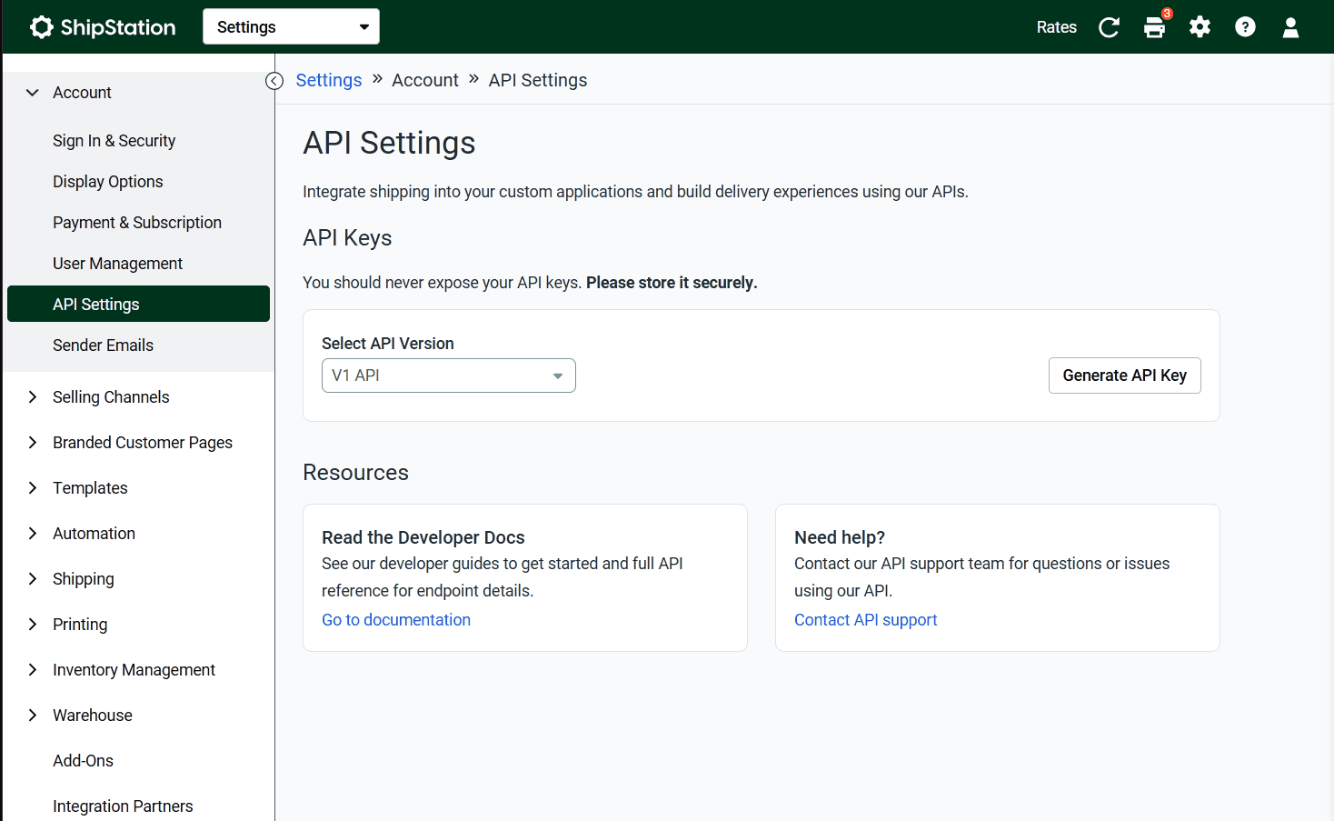 ShipStation API Settings page showing the Generate API Key button