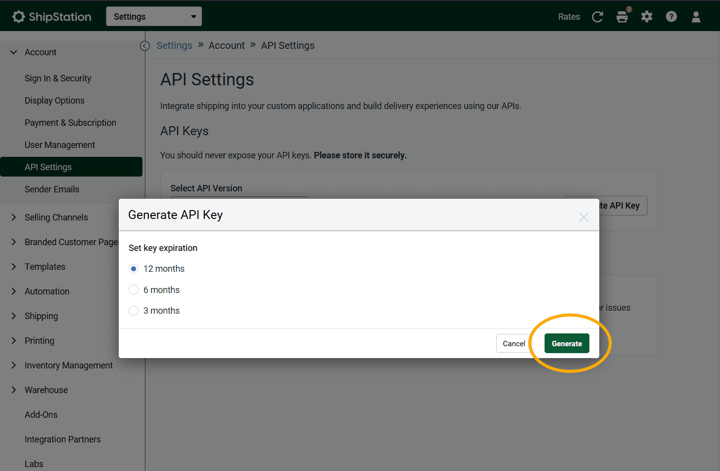 Generate API Key modal with expiration options and Generate button