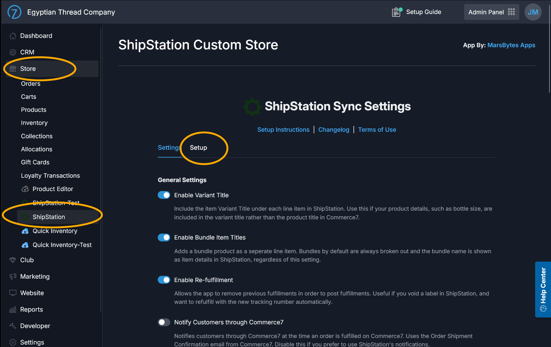 Commerce7 Admin showing the ShipStation app with the Setup tab highlighted