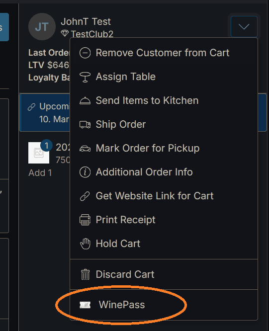 Close-up of POS quick actions menu with WinePass option