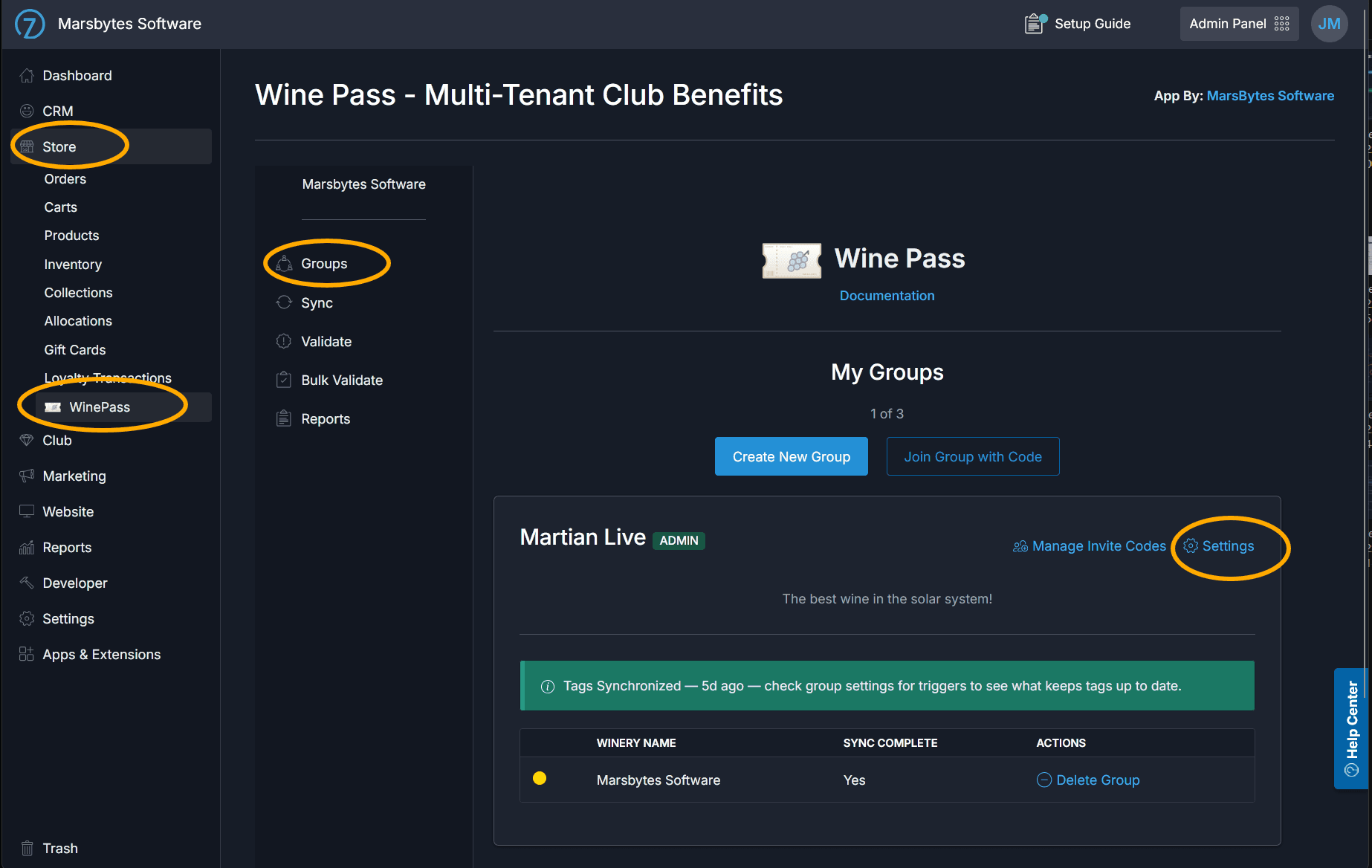 Commerce7 Admin showing the Wine Pass app settings navigation