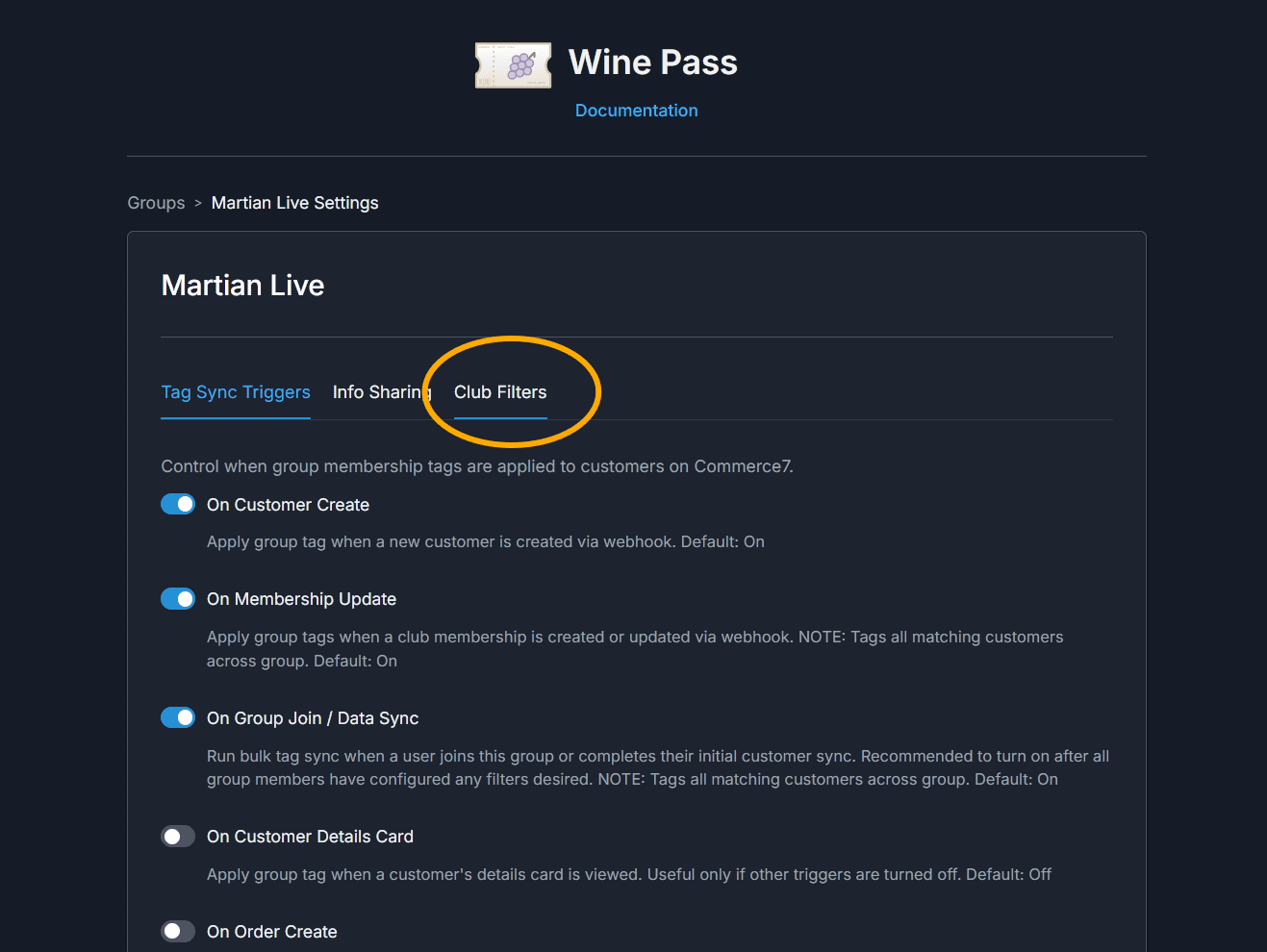 Wine Pass Settings page with the Filters tab selected