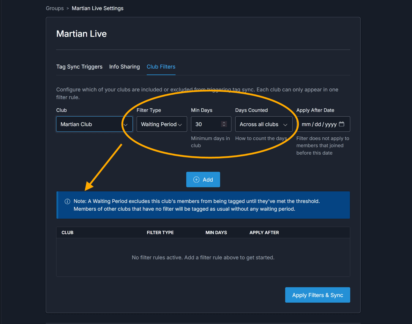Creating a Waiting Period filter showing the days input and scope selector