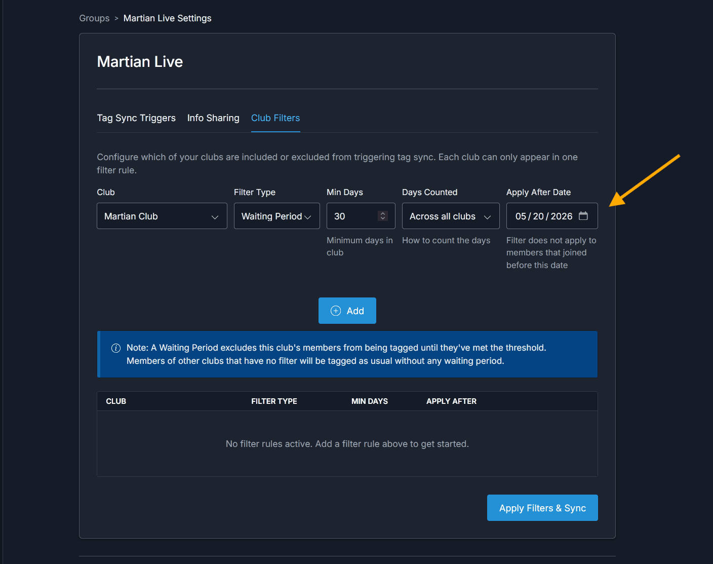 Filter configuration showing the Apply After Date field