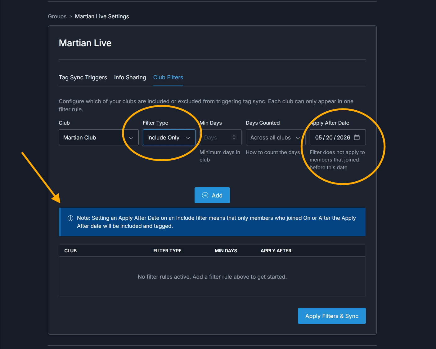 Include filter with Apply After Date showing the warning about members before the threshold date