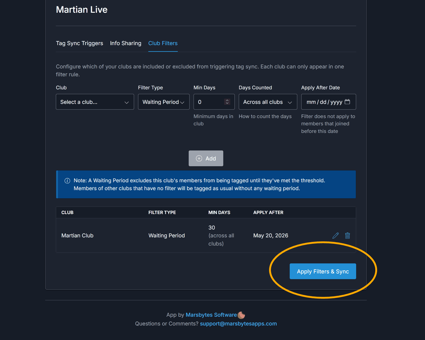 Wine Pass Filters tab showing the Apply and Sync button
